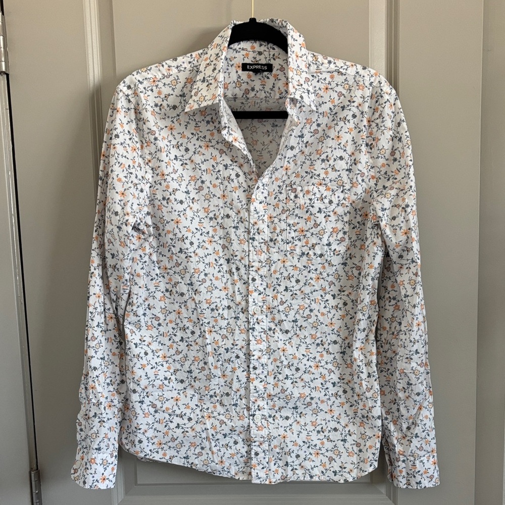 Express Men's White Button-Down Shirt with Orange and Gray Floral Print